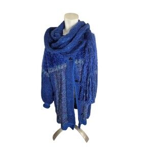 Vintage Handmade Wool Mohair Sweater Coatigan & Matching Scarf Blue Sz O/S